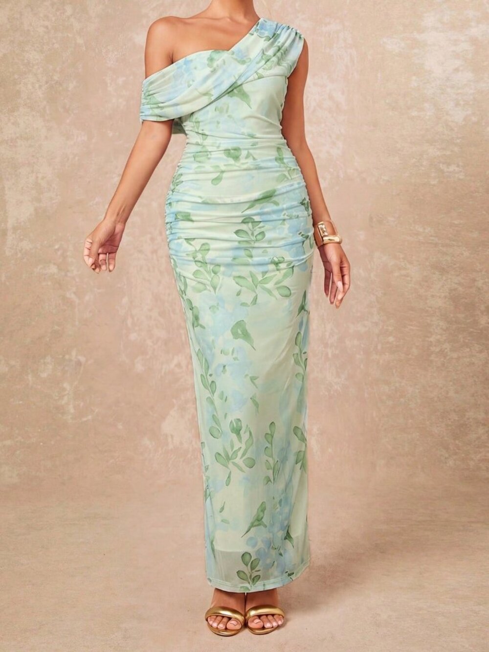 Multicolor Elegant Women's Mint Green Print Off Shoulder Mesh Maxi Dress